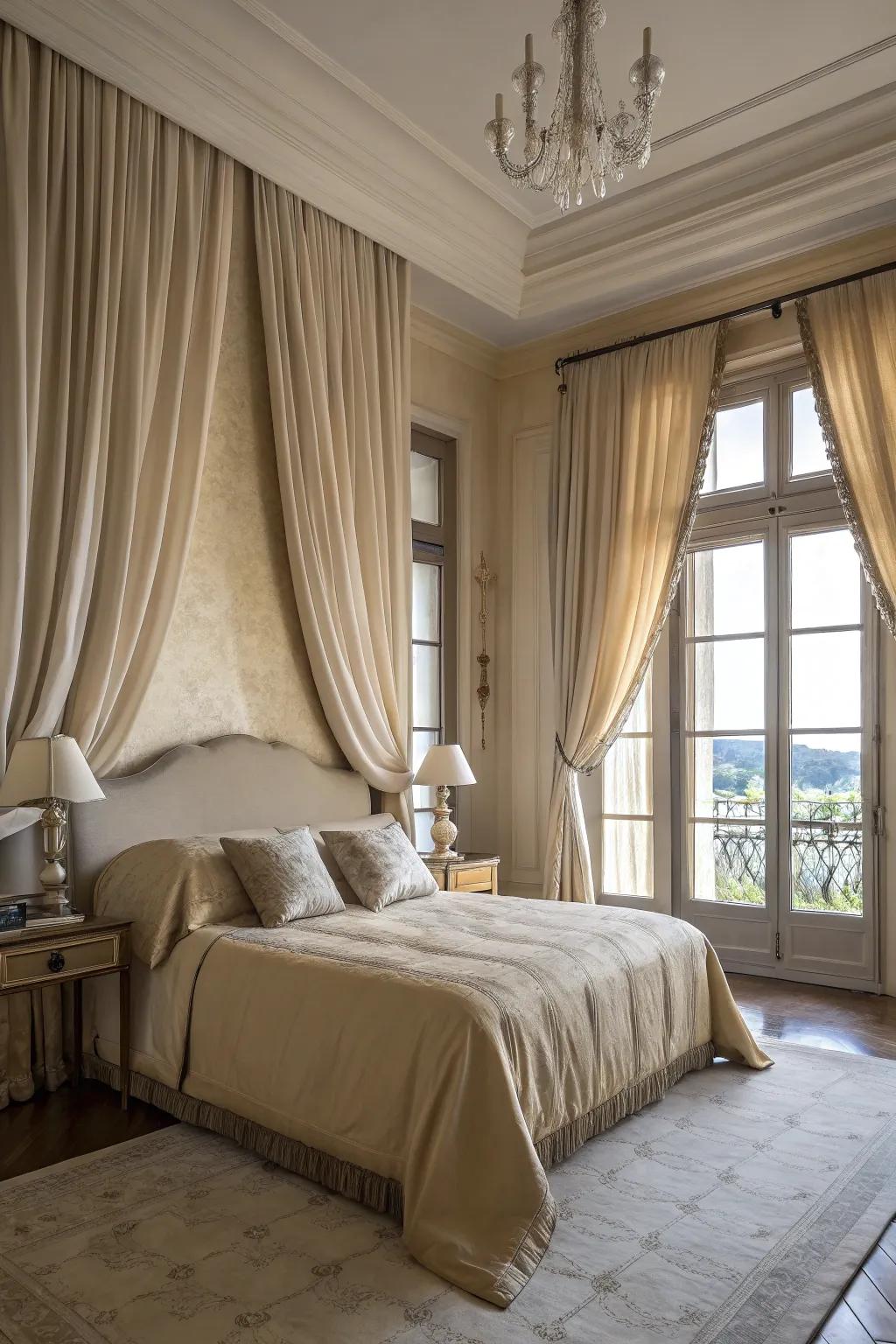 An elegant bedroom featuring luxurious silk drapes that pool gracefully on the floor.