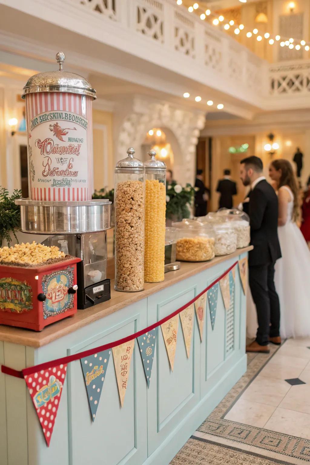 A popcorn station styled with a retro candy store vibe, featuring colorful jars and decor.