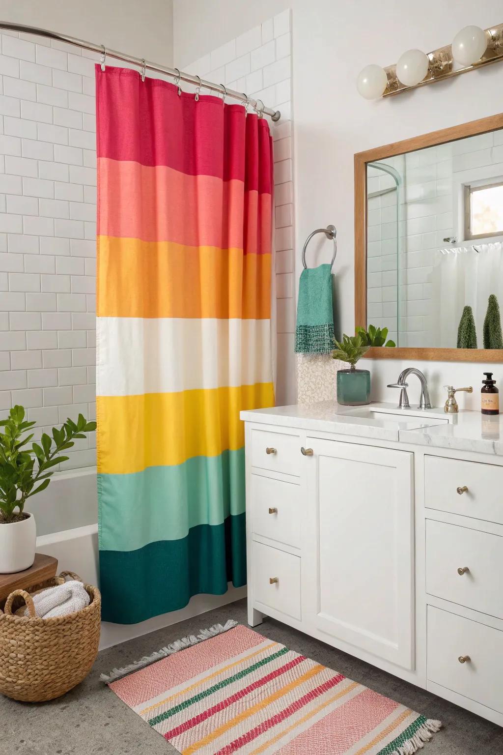 Sectional coloring creates visual interest and adds a vibrant touch to the bathroom.