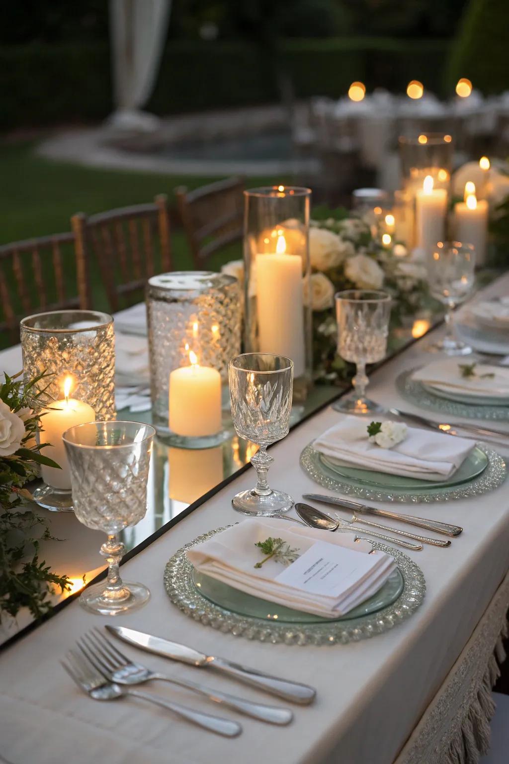 Mirrored fabrics create a dazzling, reflective effect.