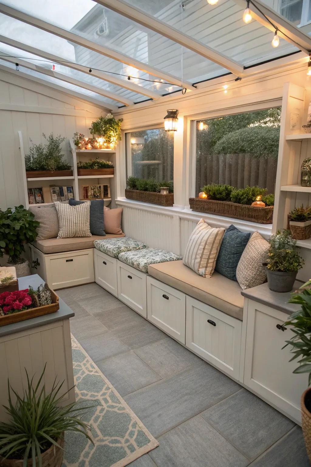 A neat and organized patio with built-in storage solutions.