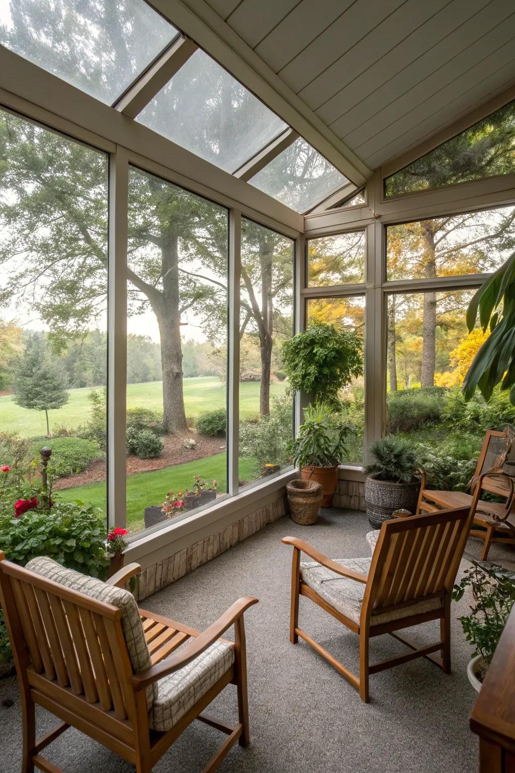 A bright porch with glass panels and lush views.