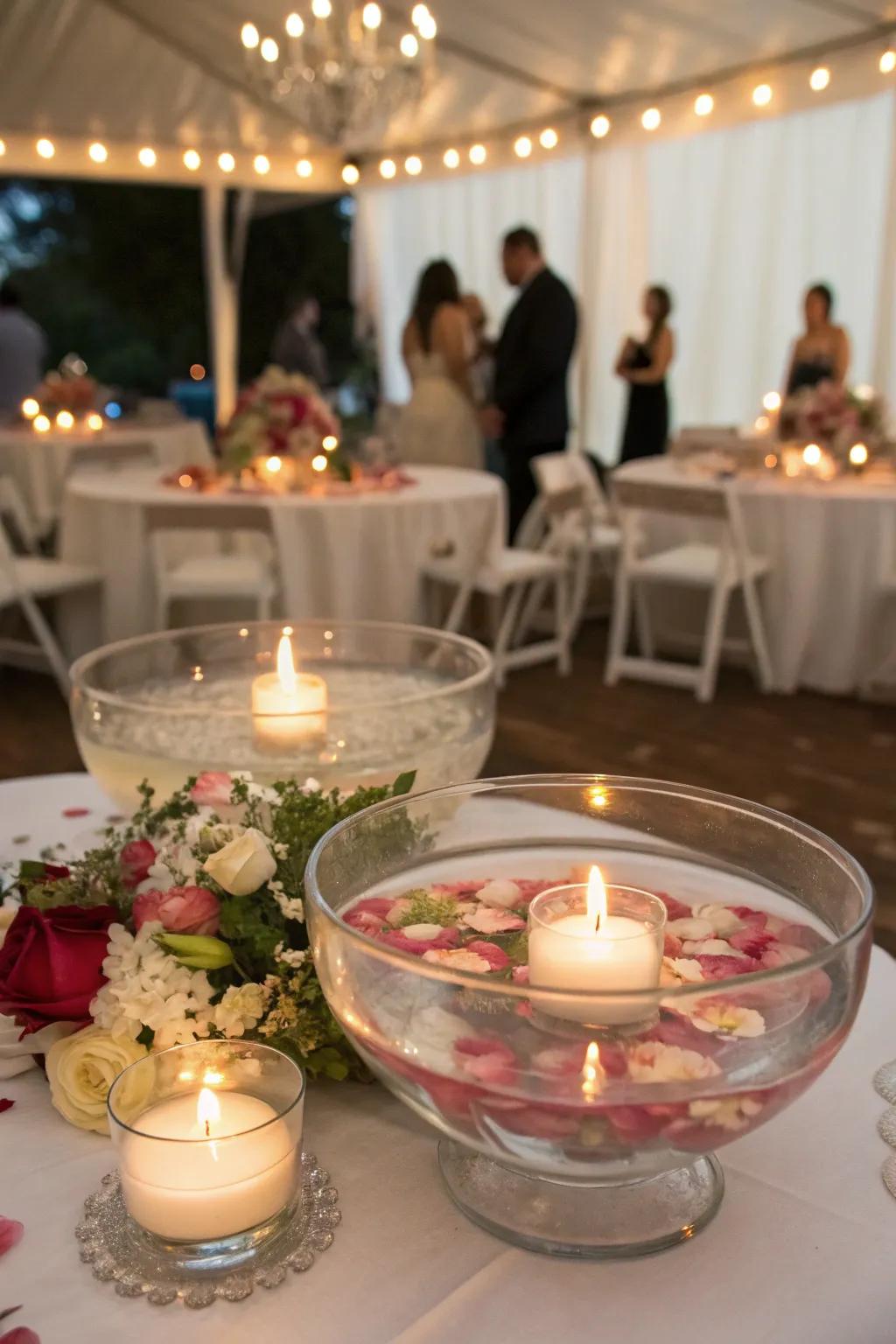 Floating candles offering a romantic centerpiece alternative.