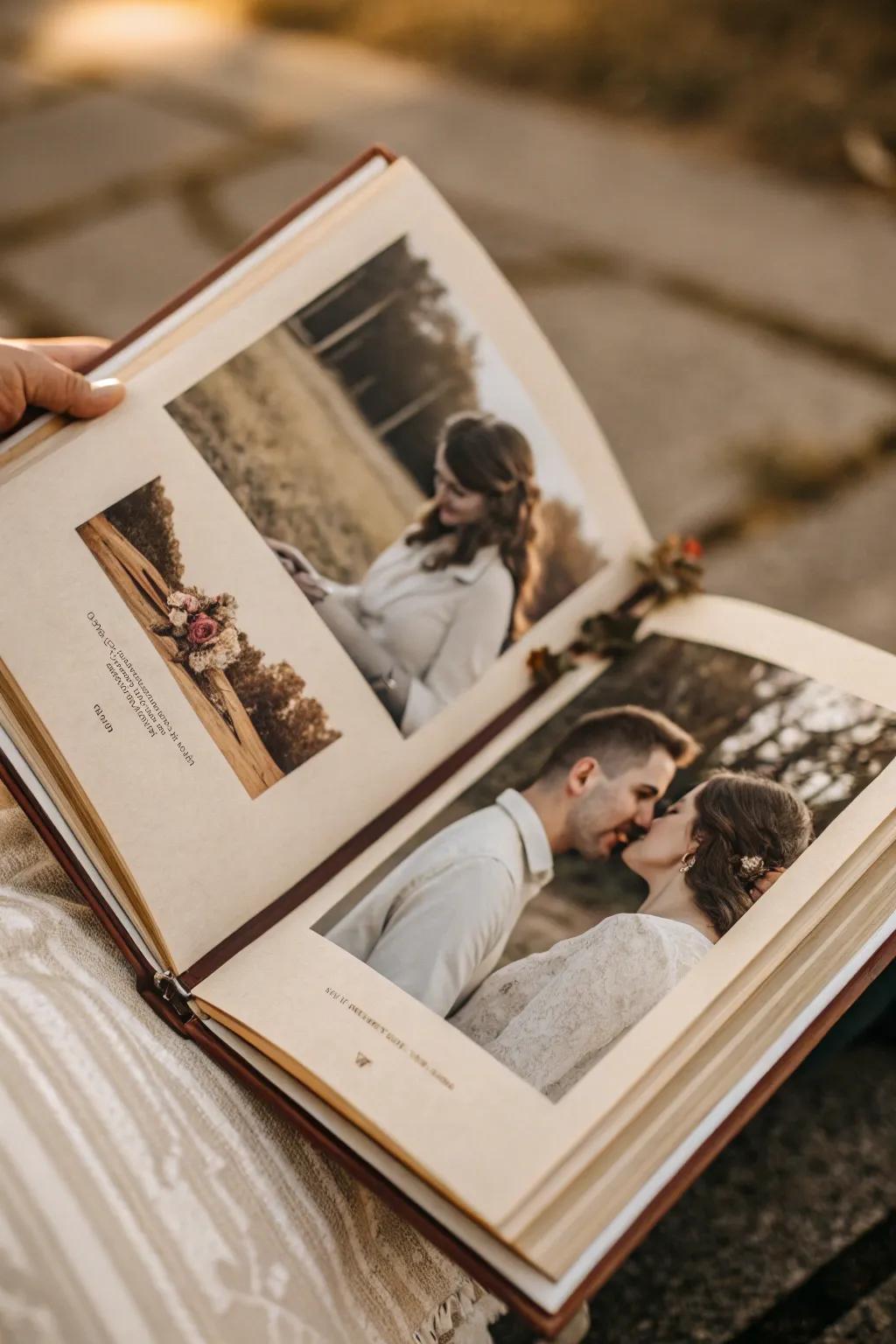 Vintage elements add charm to an engagement memory album.