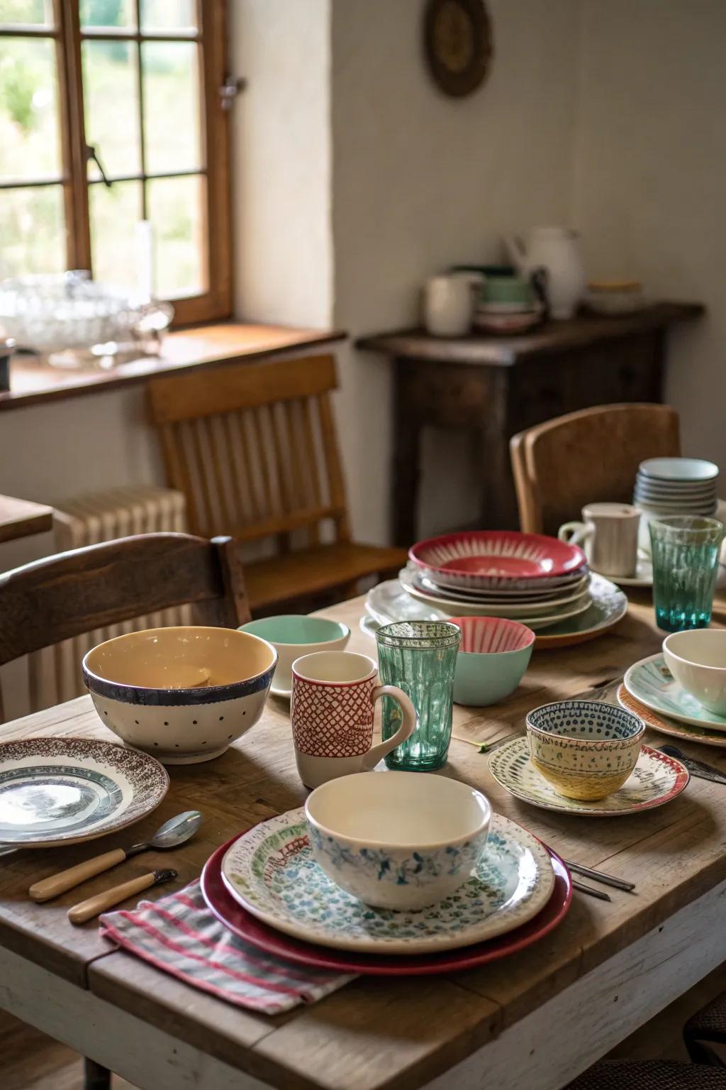 Asymmetrical china injects a snug, eclectic touch.