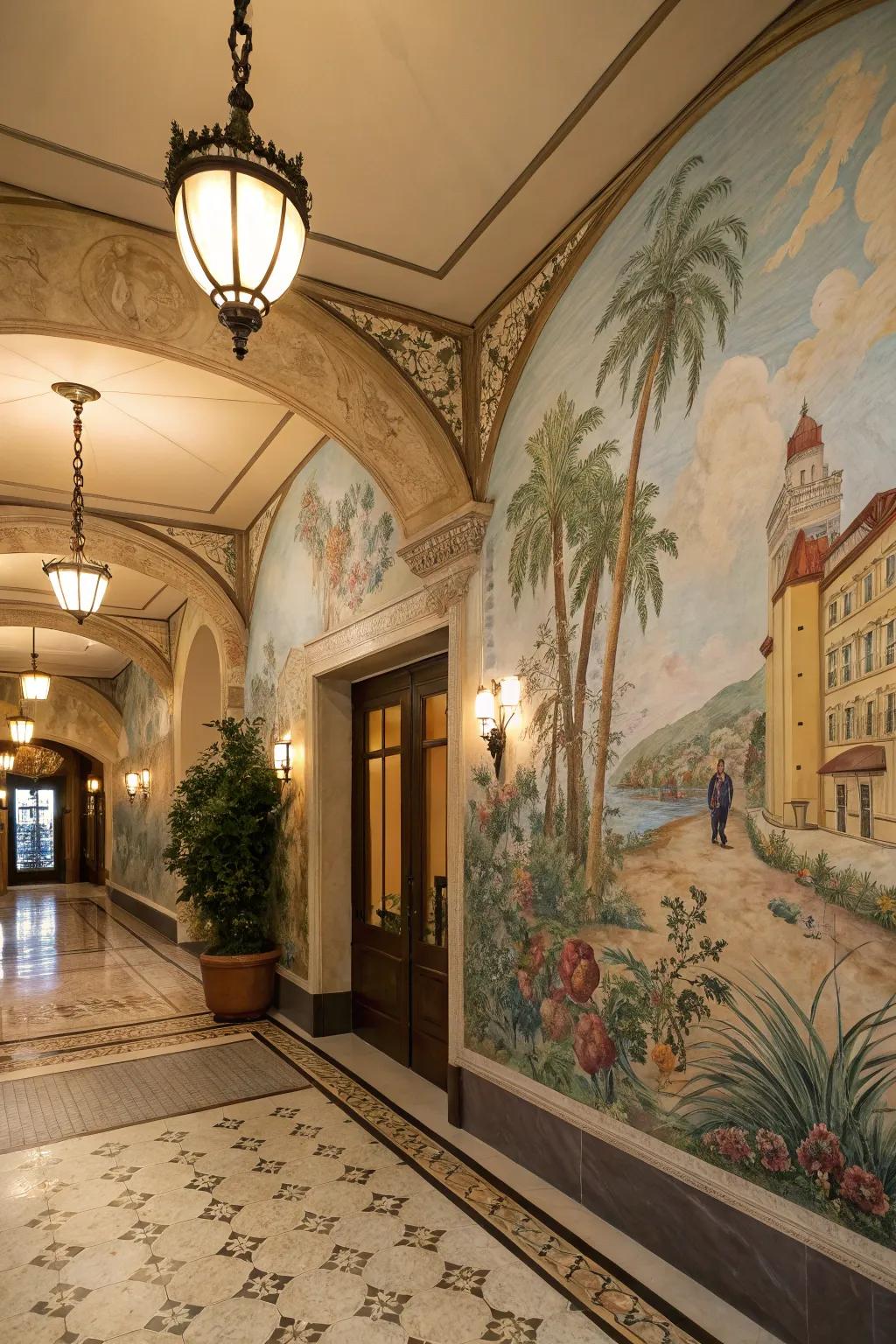 A hand-painted wall design adds artistic flair to the entrance.