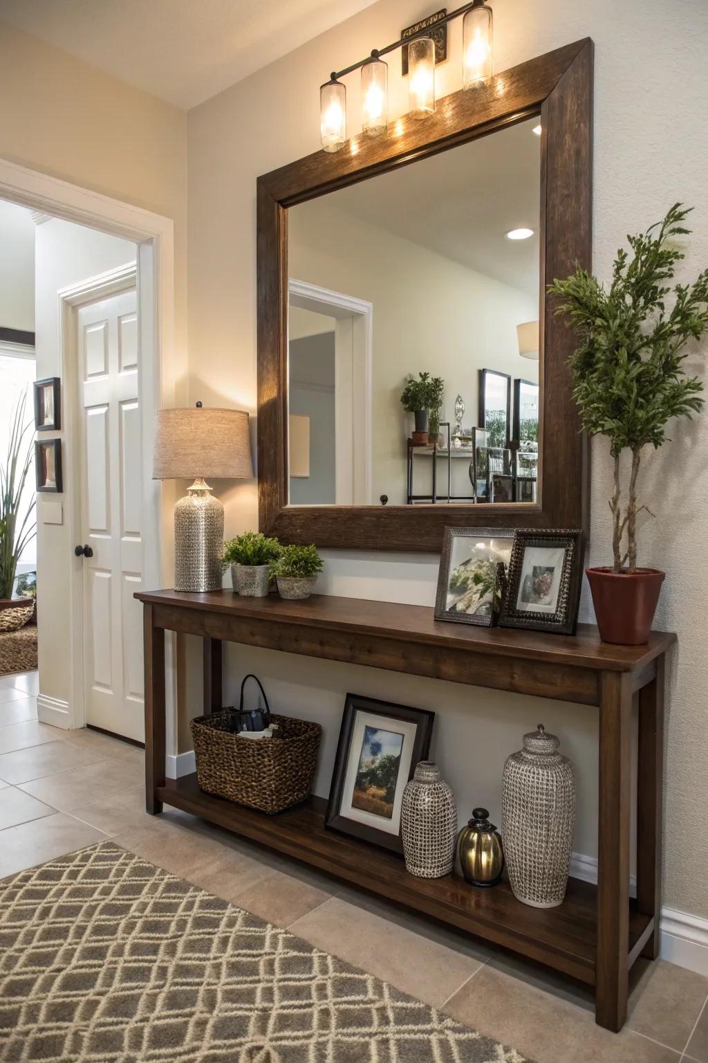 A mirror including an attached shelf combines style with practicality in the entrance.