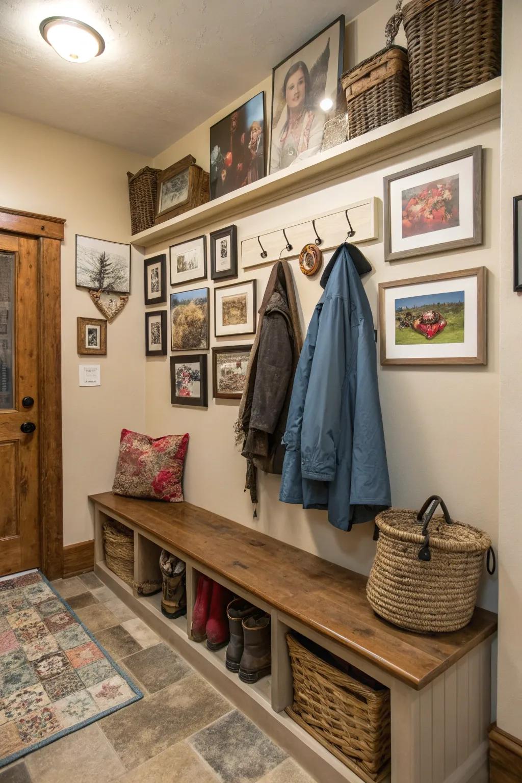 Private accents make this mudroom uniquely inviting.