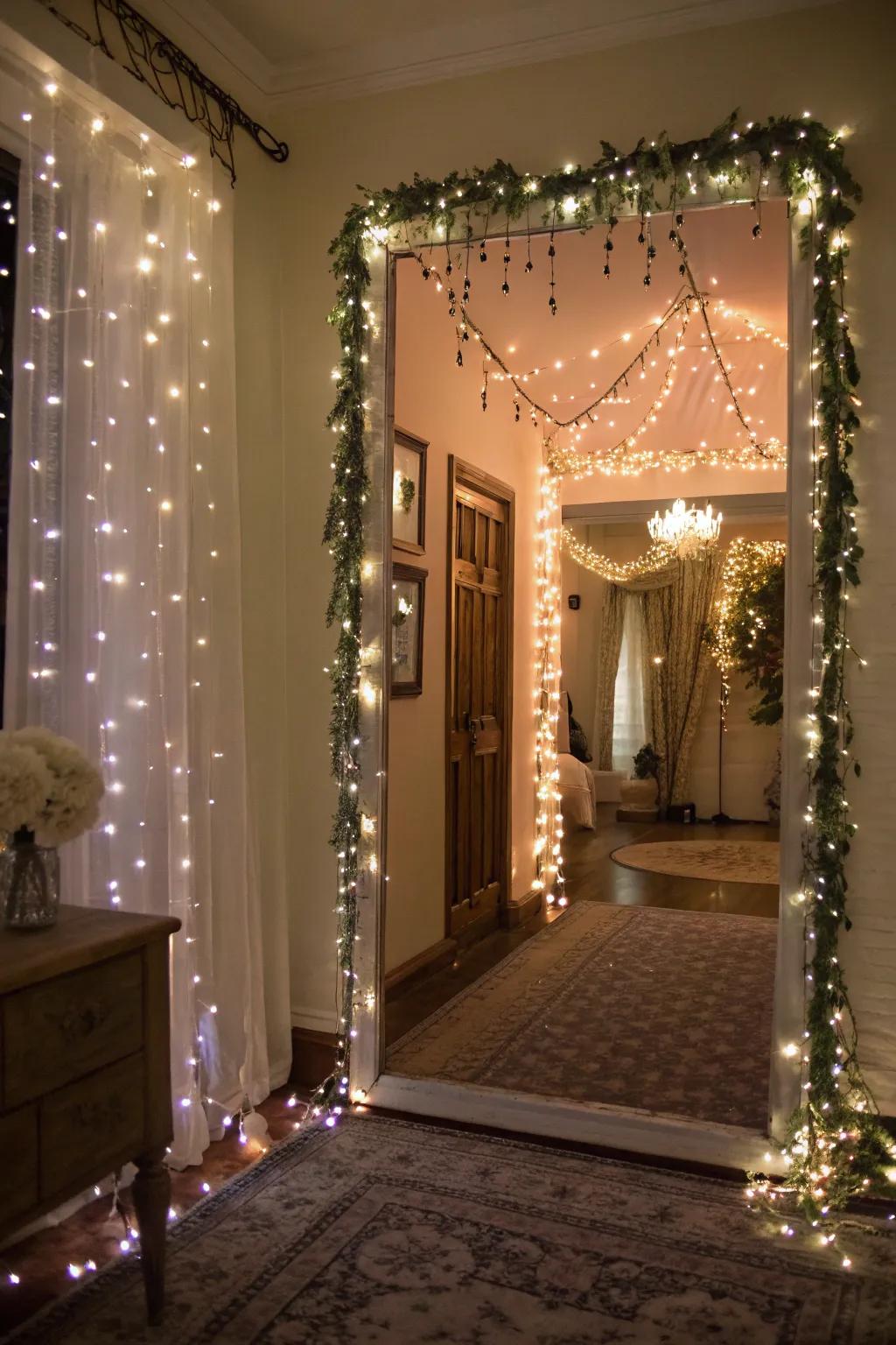 An entryway showcases fairy lights that lend a whimsical and magical ambiance.