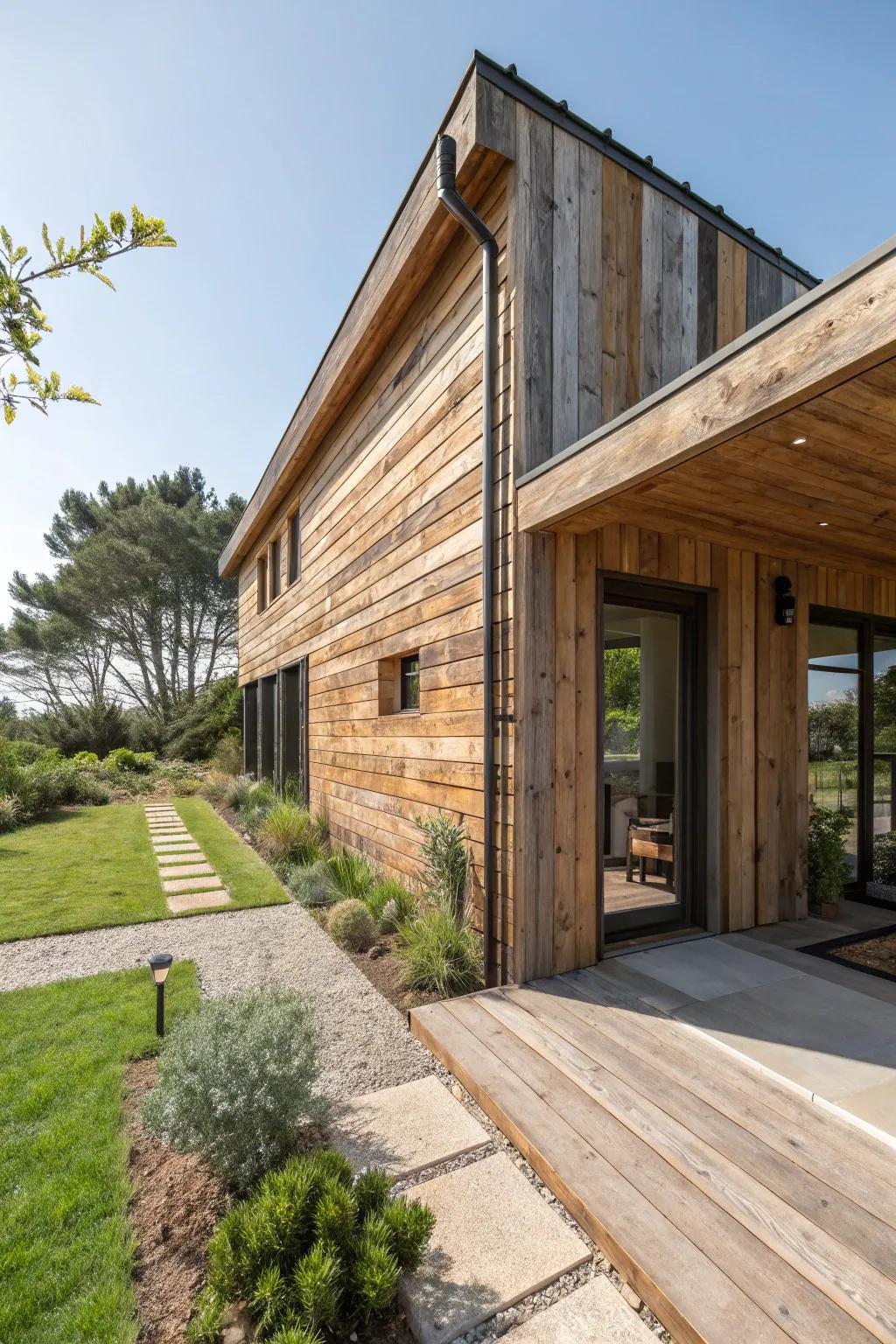A house exterior featuring sustainable materials like reclaimed wood.