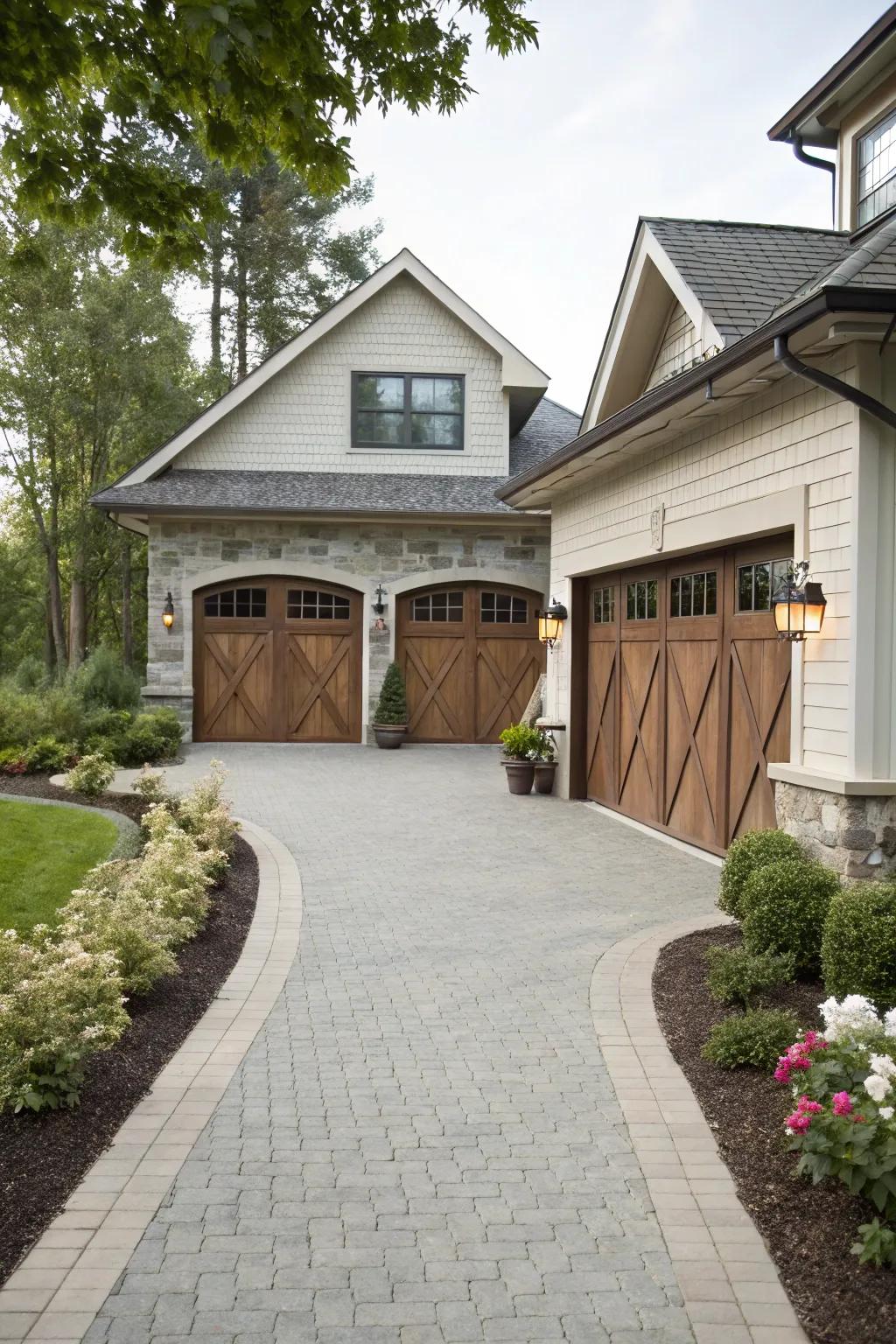 Elegant garage doors enhance the home's exterior.