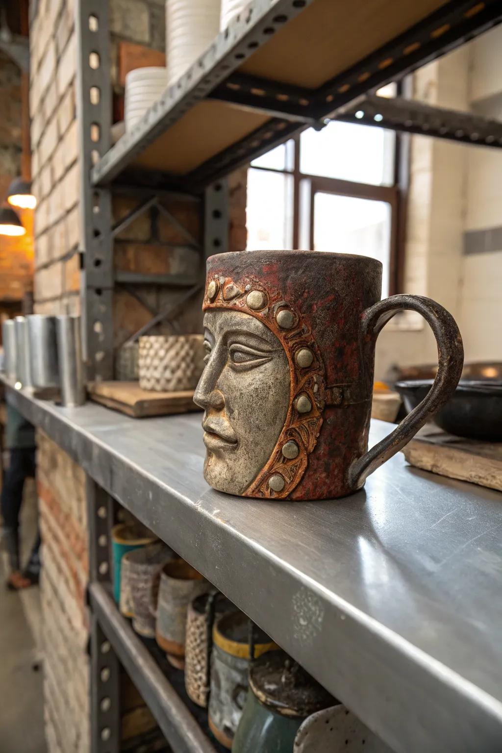A mixed media face mug that offers a unique feeling that's tactile.
