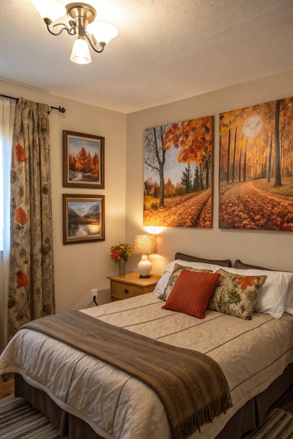 Autumn artwork transports seasonal magnificence to your bedroom.