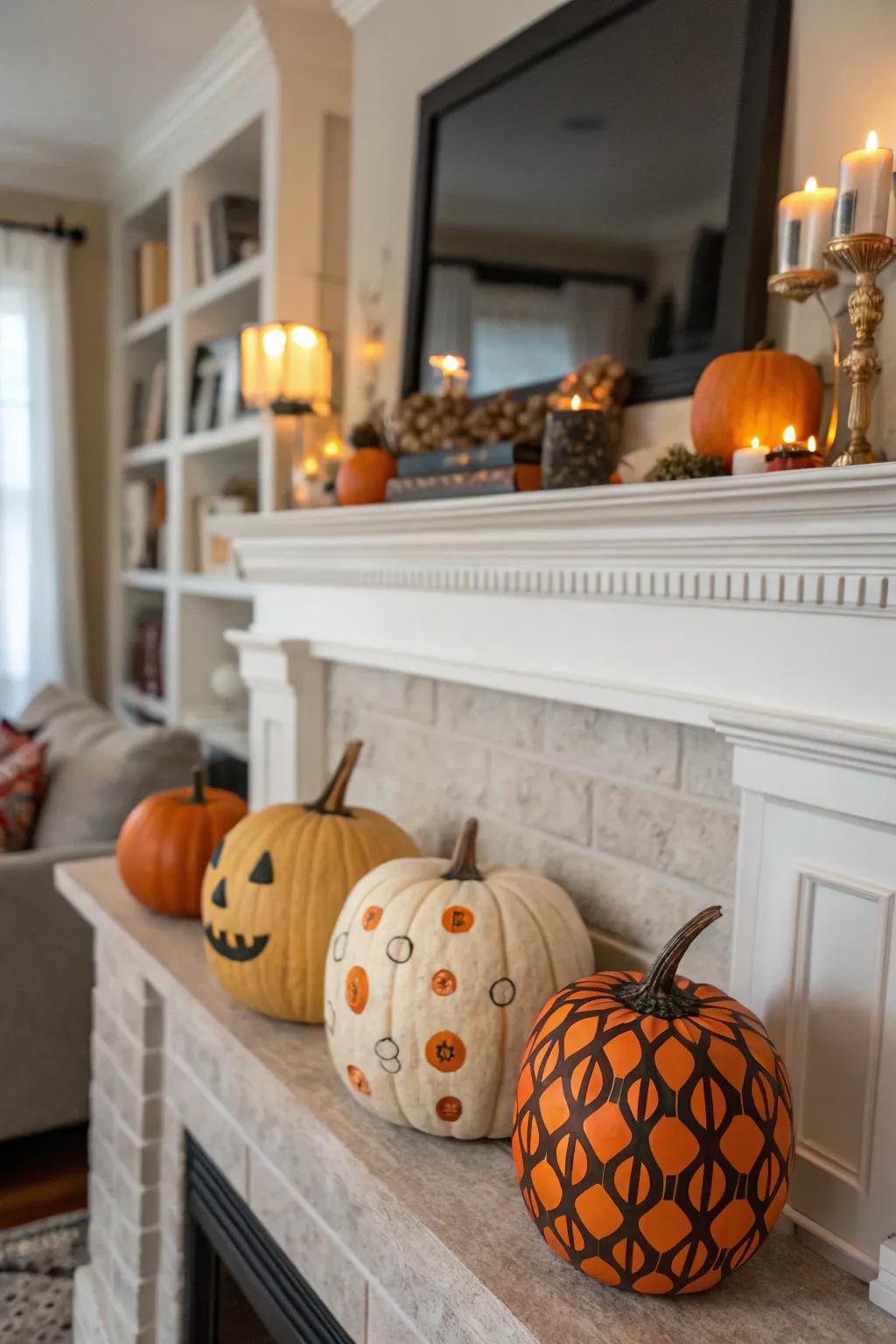 An autumnal mantel with creatively adorned fruits.