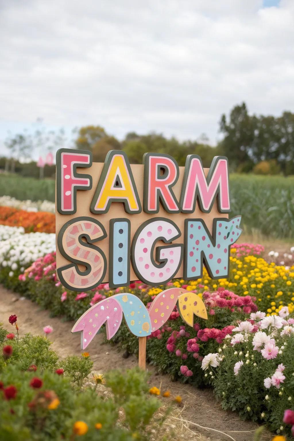 A playful and imaginative farm marker featuring whimsical designs.