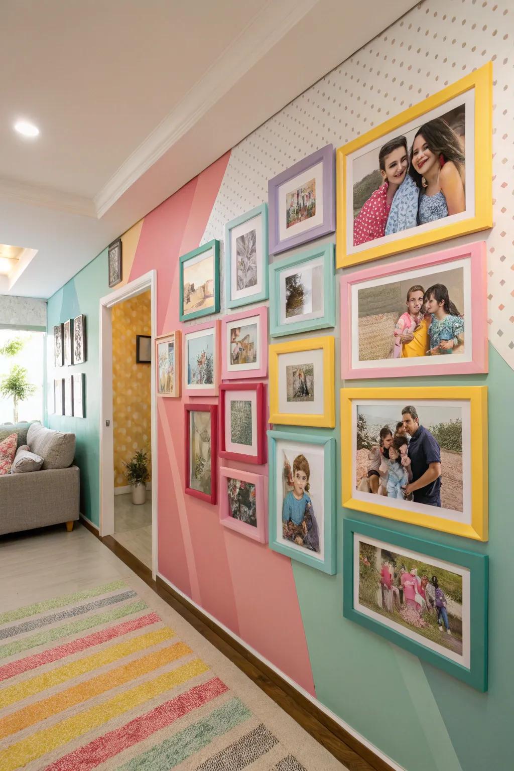 Multicolored holders adding vibrancy to a photo wall.