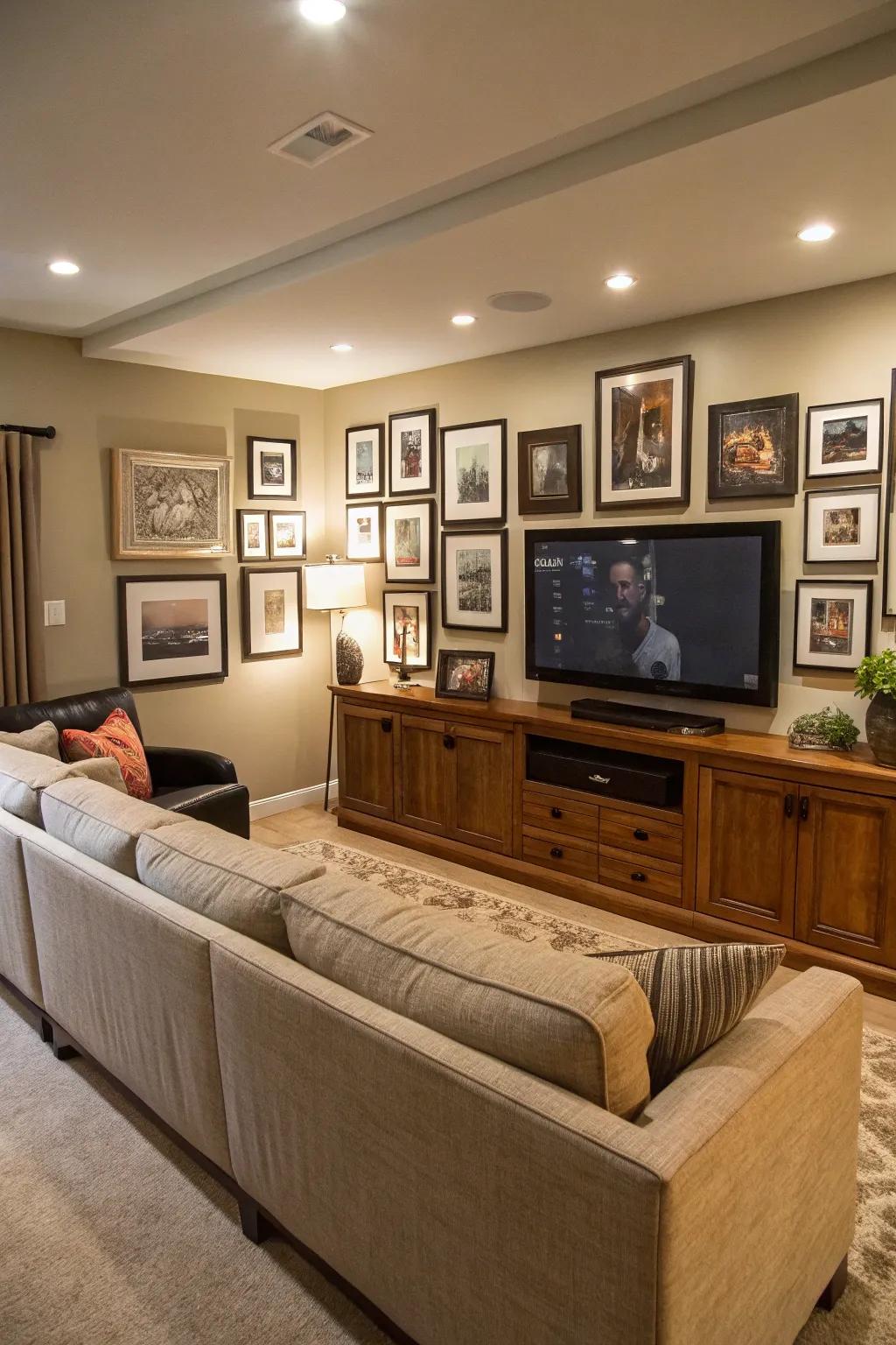 A gallery wall turns the TV into a curated decor piece.