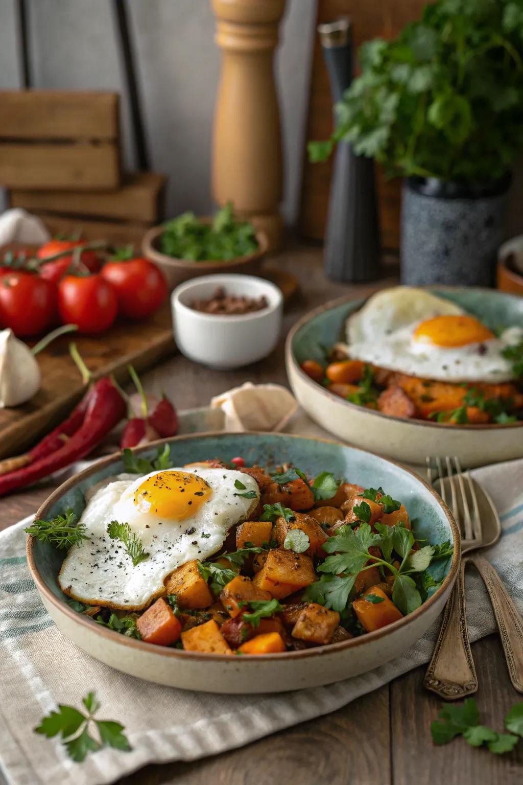 Eggs with sweet potato hash make a colorful and hearty meal.