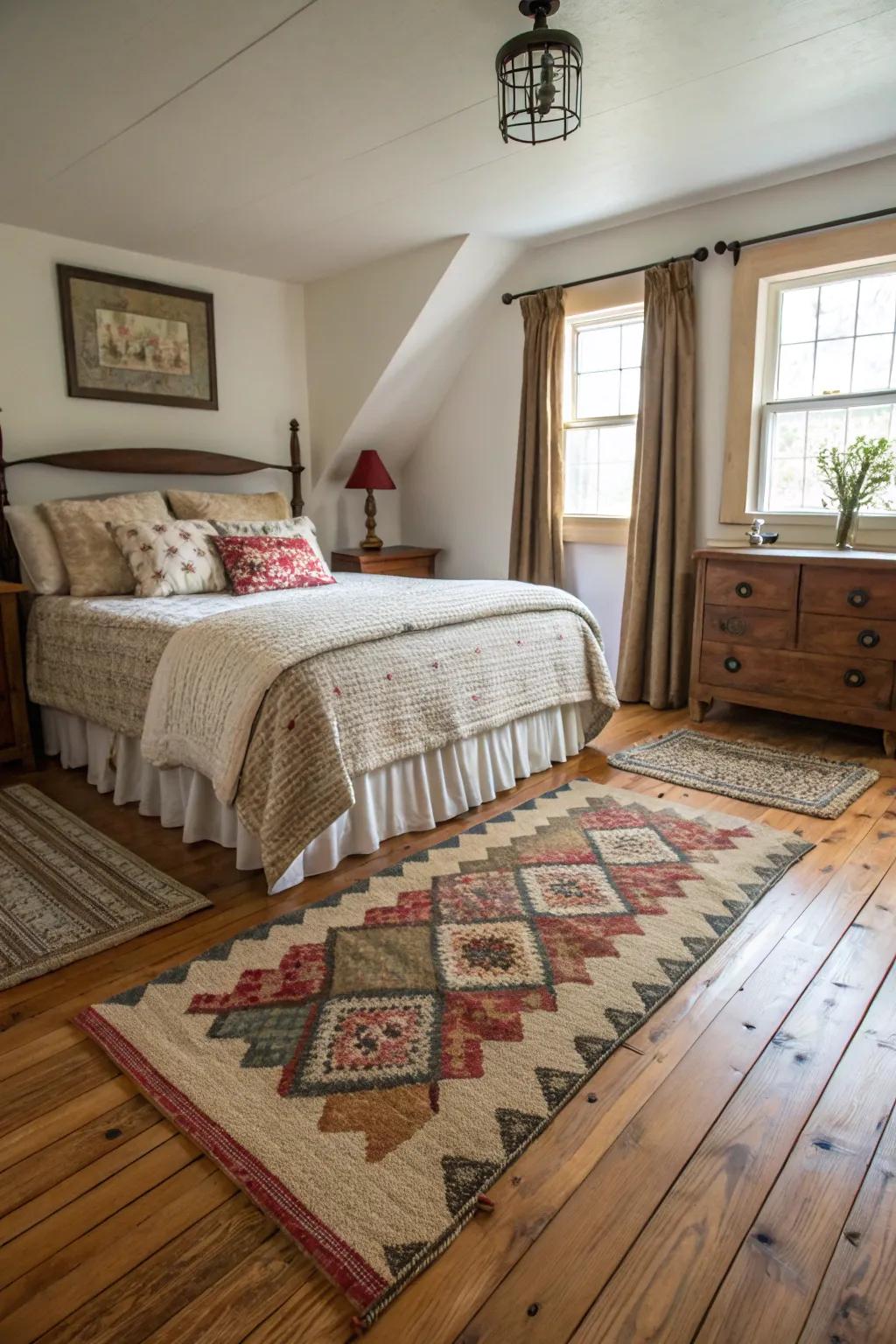Layered rugs contribute to a cozy and textured feel.