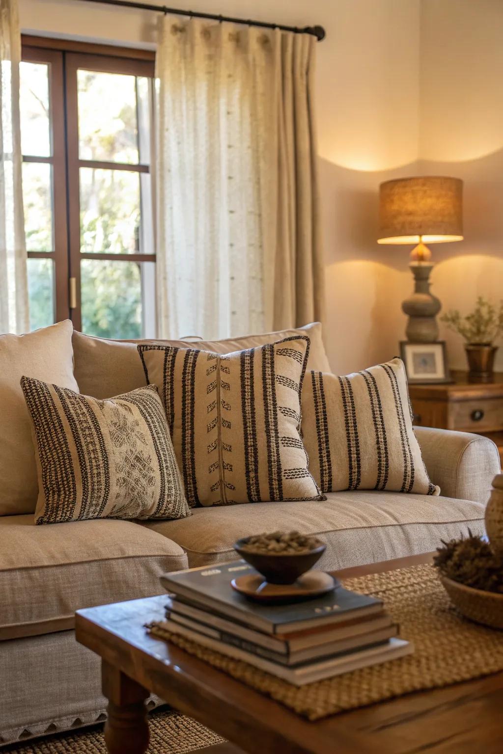 Seed sack patterns adding a touch of farmhouse heritage.