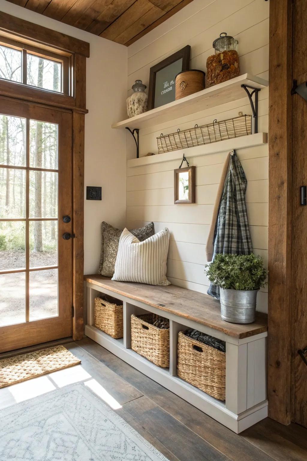 An open shelf under the bench provides display and storage options.