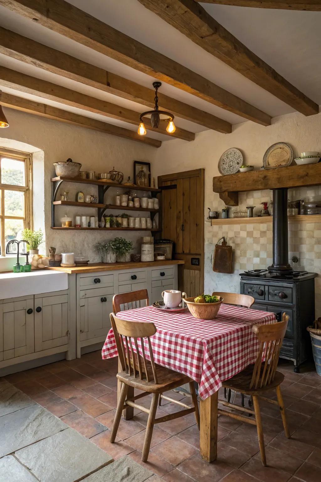 A farmhouse kitchen featuring a cozy breakfast corner.