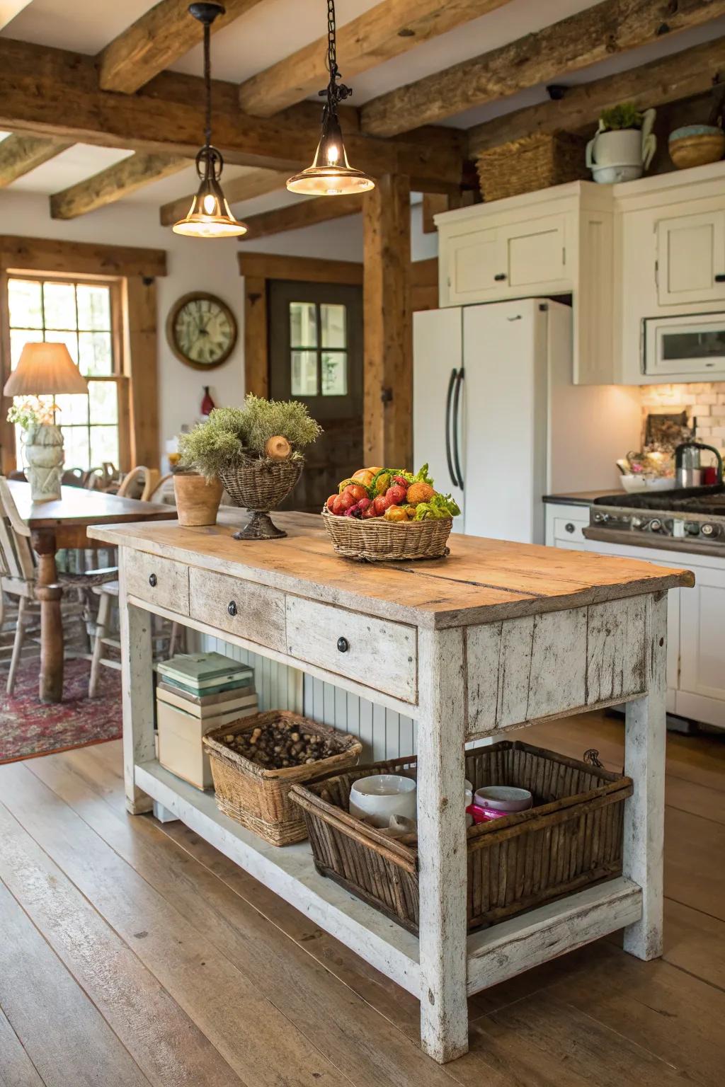 A worn finish adds personality and vintage charm to the centerpiece.