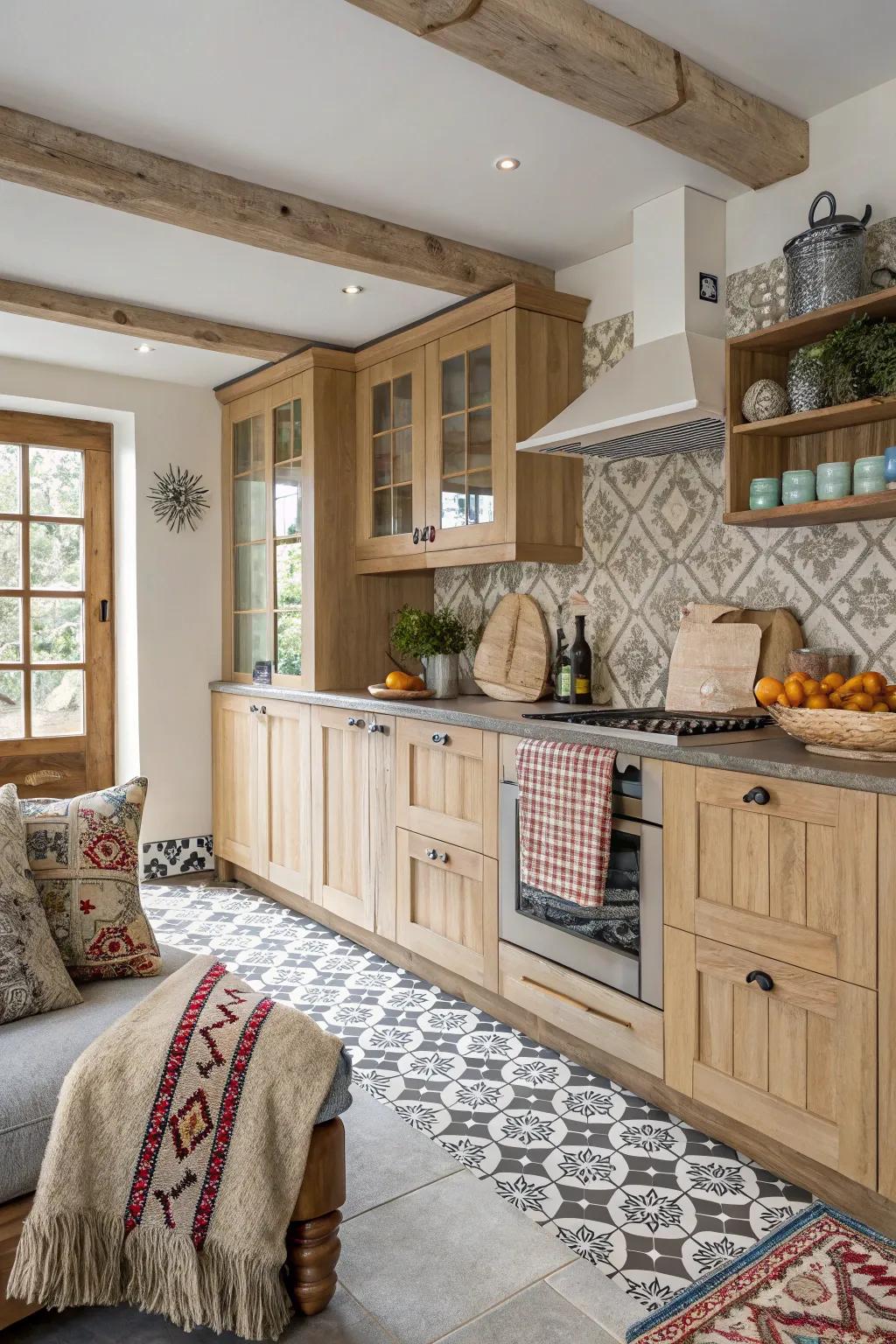 Patterns add a playful touch to a kitchen with light wood cabinets.