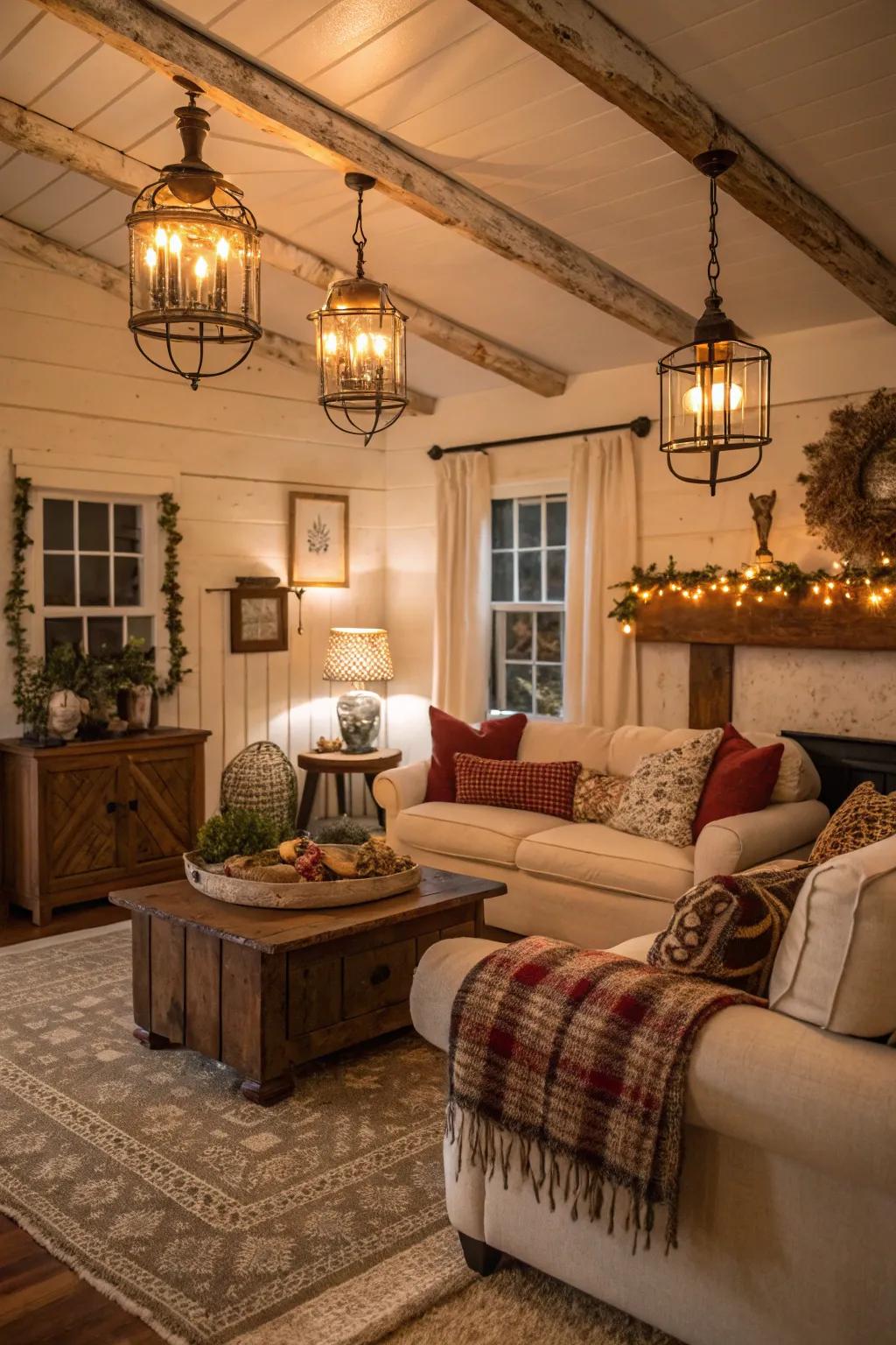 Vintage lighting casts a warm, nostalgic glow in this country house family room.
