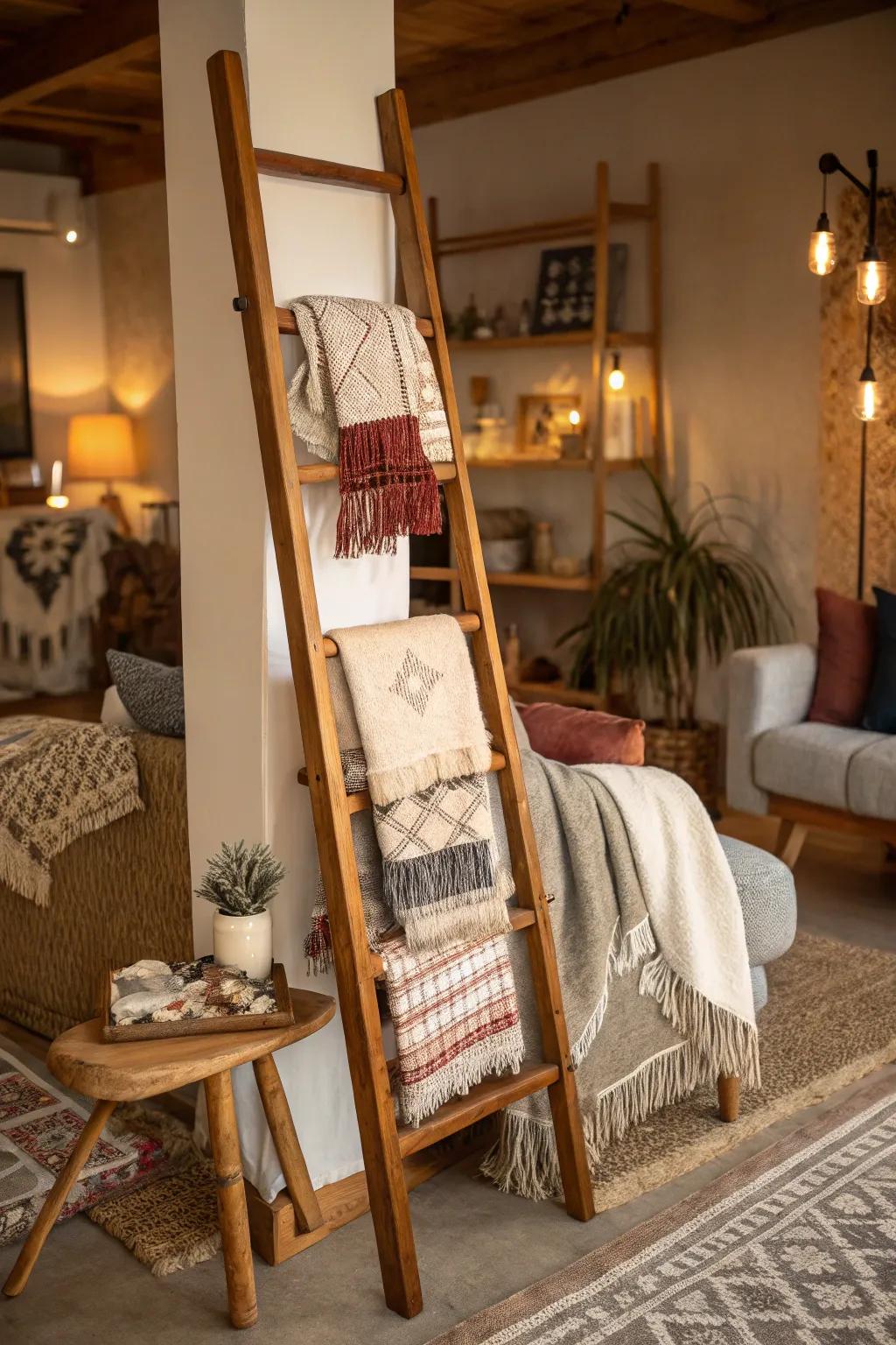Textiles layered on a ladder create added texture