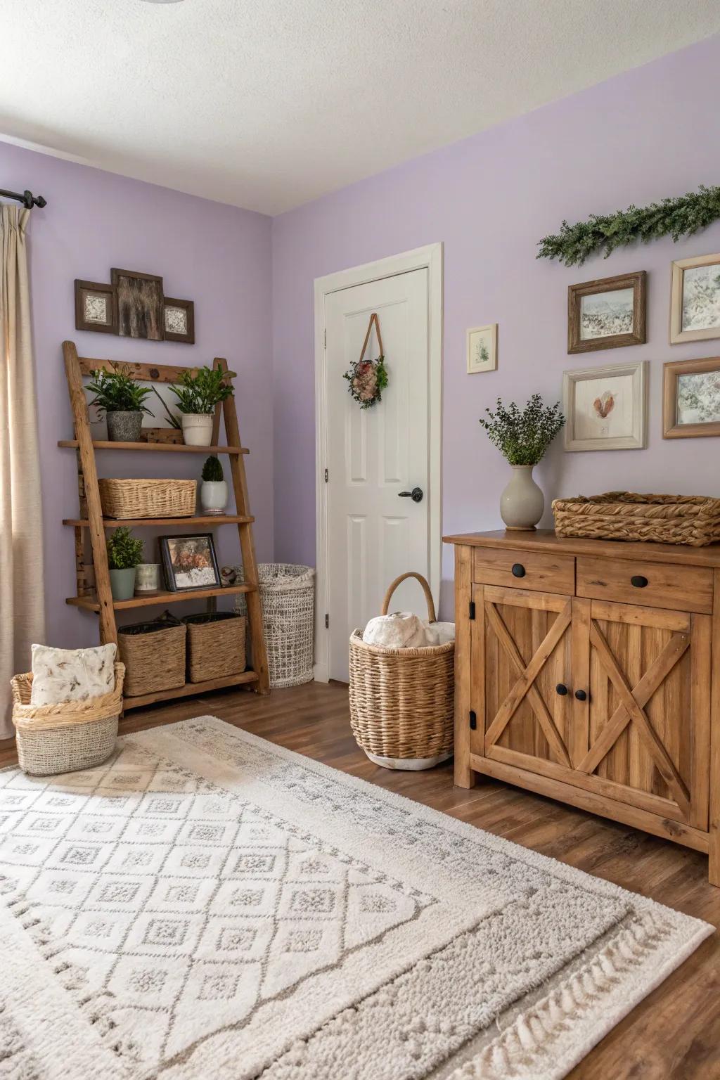 Light lavender walls deliver a fresh, airy feeling to this farmhouse space.