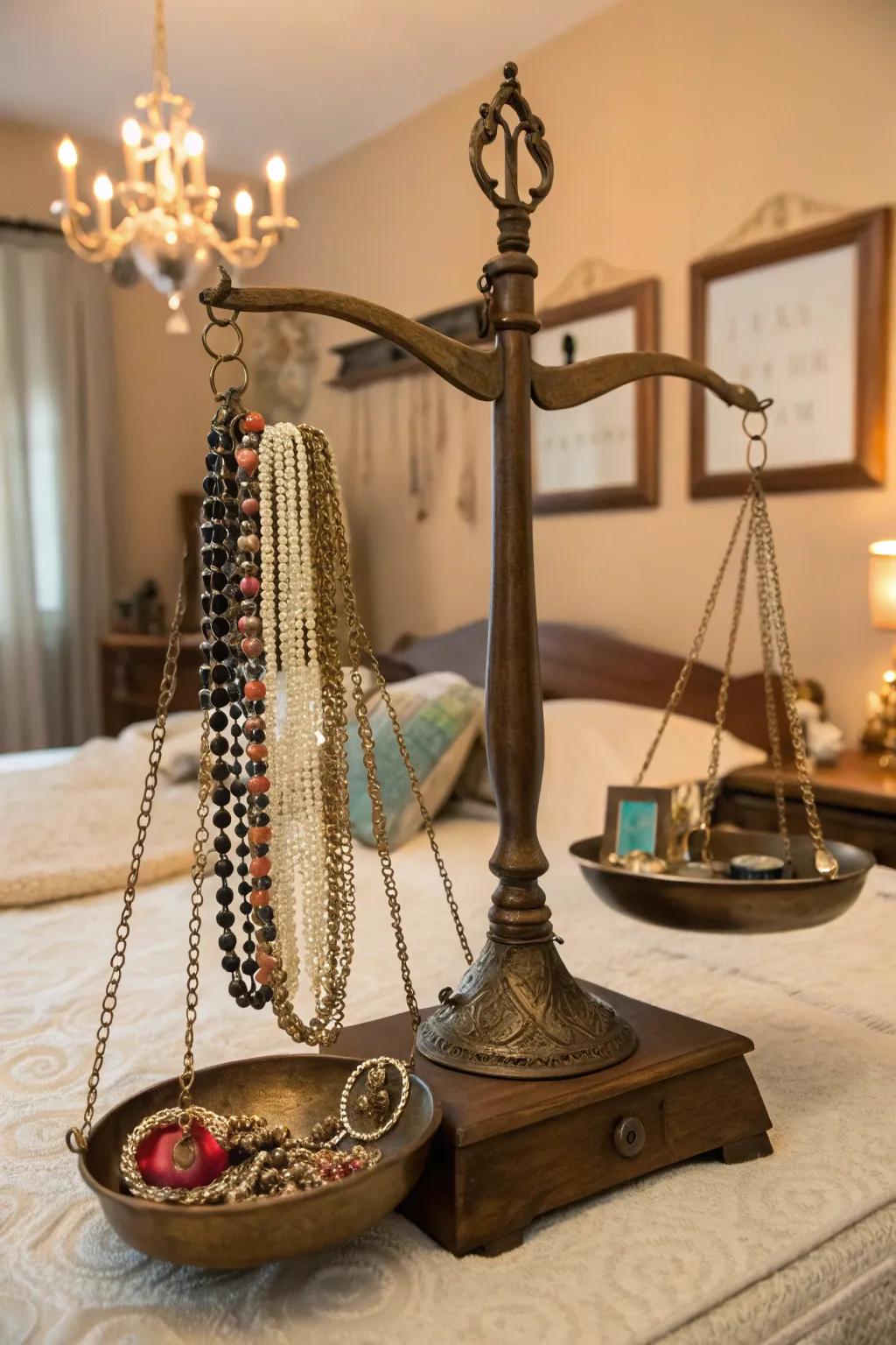 A chic jewelry display employing a classic balance.
