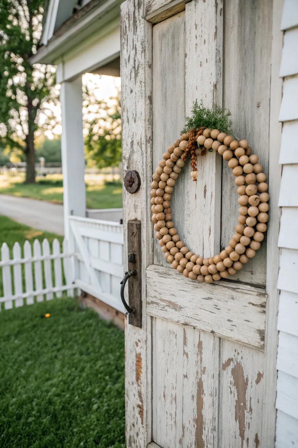 Festive wreath crafted from wood bead garland.