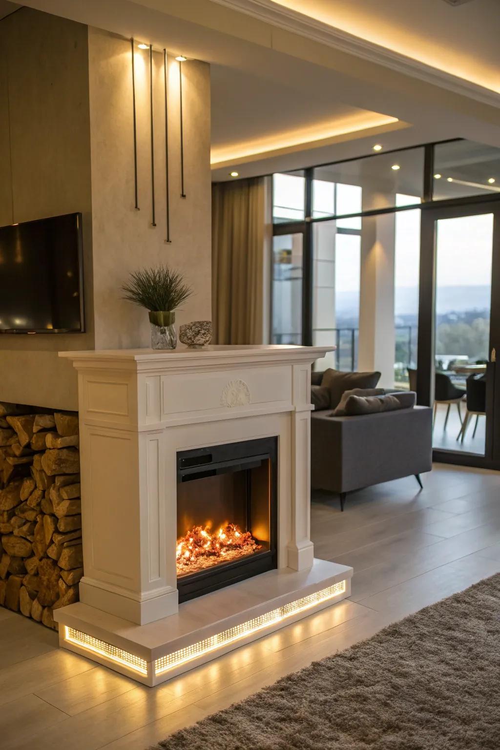 An imitation fireplace with LED lights to simulate the warm glow effect.