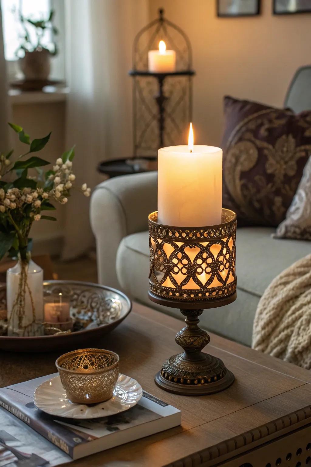 Create a cozy atmosphere with this elegant decorative candle.