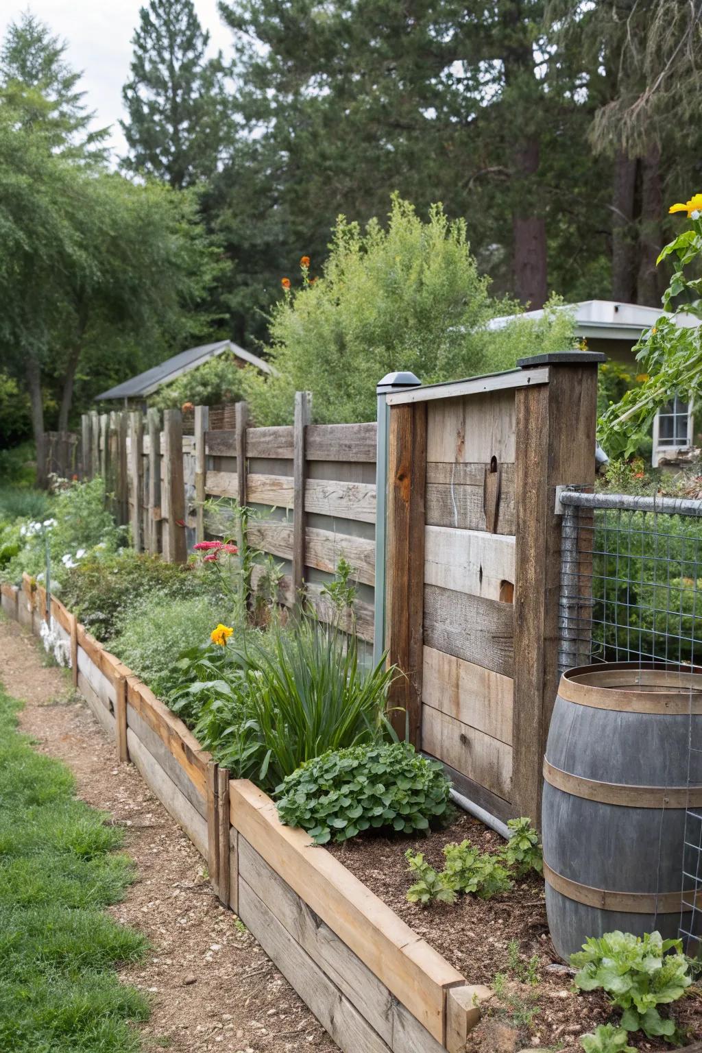 Repurposed materials create a unique, sustainable boundary.