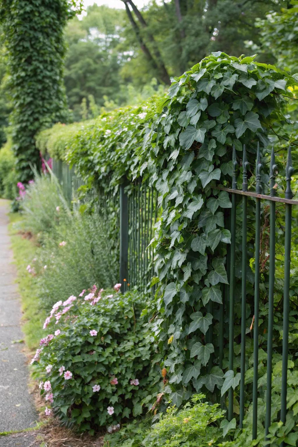 Ivy weaves an enchanted green tapestry over fences.