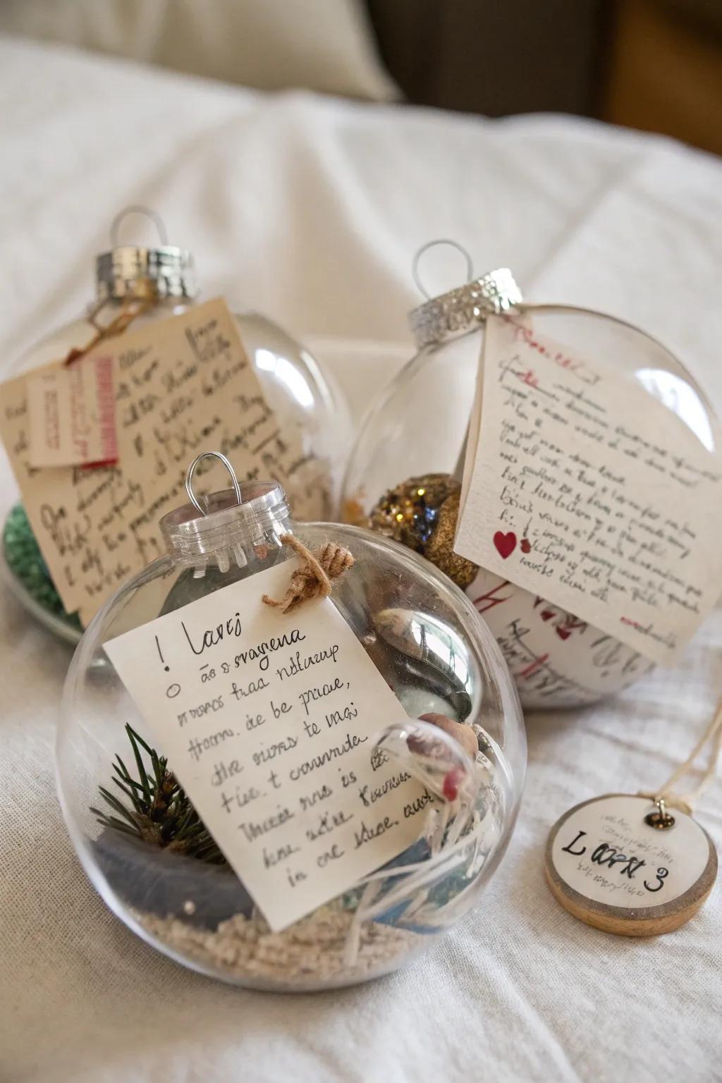 Time receptacle ornaments showcasing briefs and keepsakes.