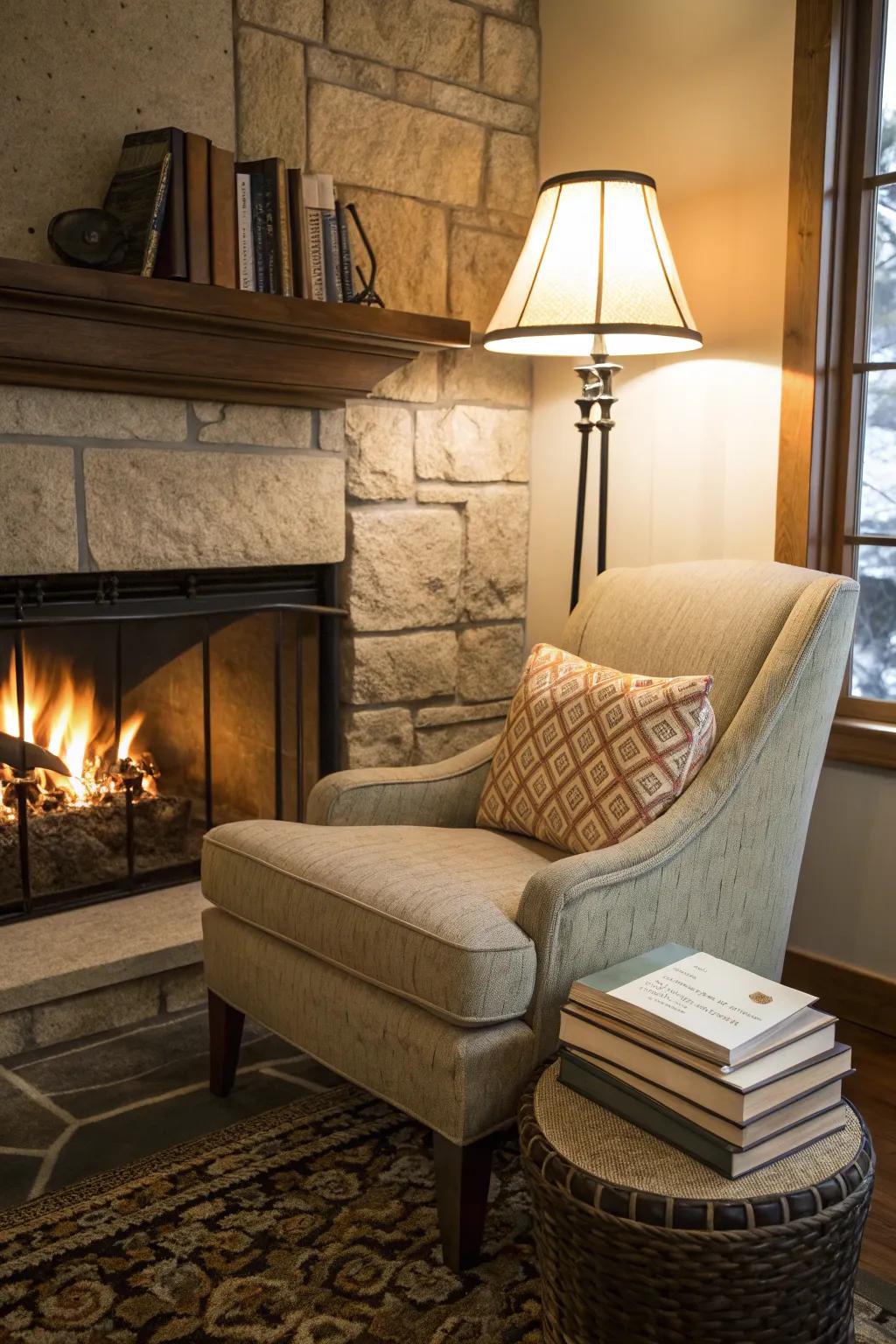 An inviting reading nook beside a fireplace, perfect for cozying up with a book.