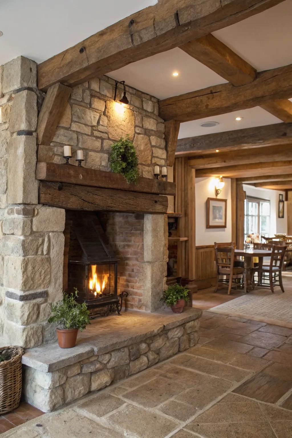 Raw beams introduce a touch of farmhouse charm to the fireplace.