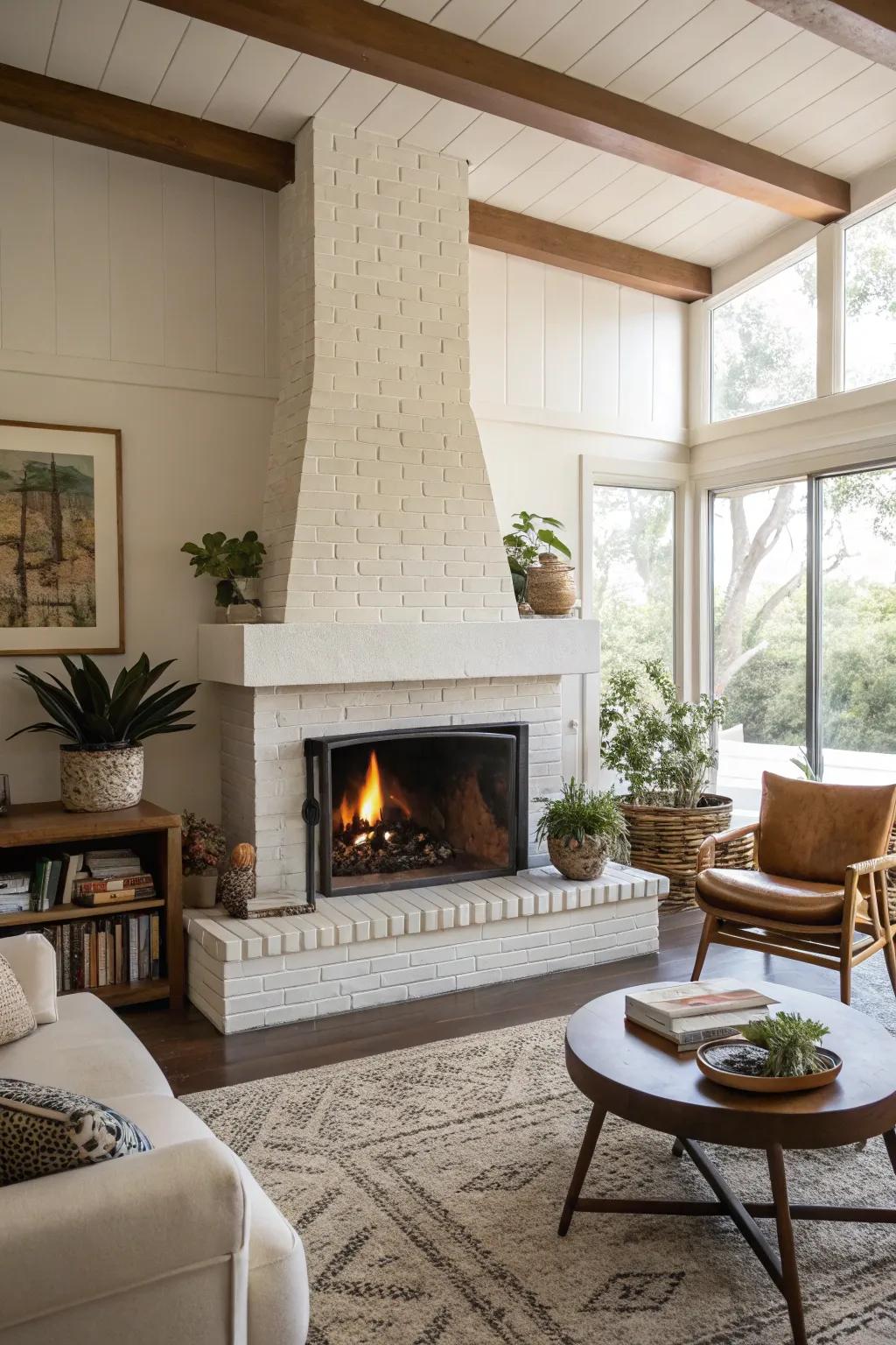 A streamlined mid-century contemporary lounge featuring a minimal central fireplace.