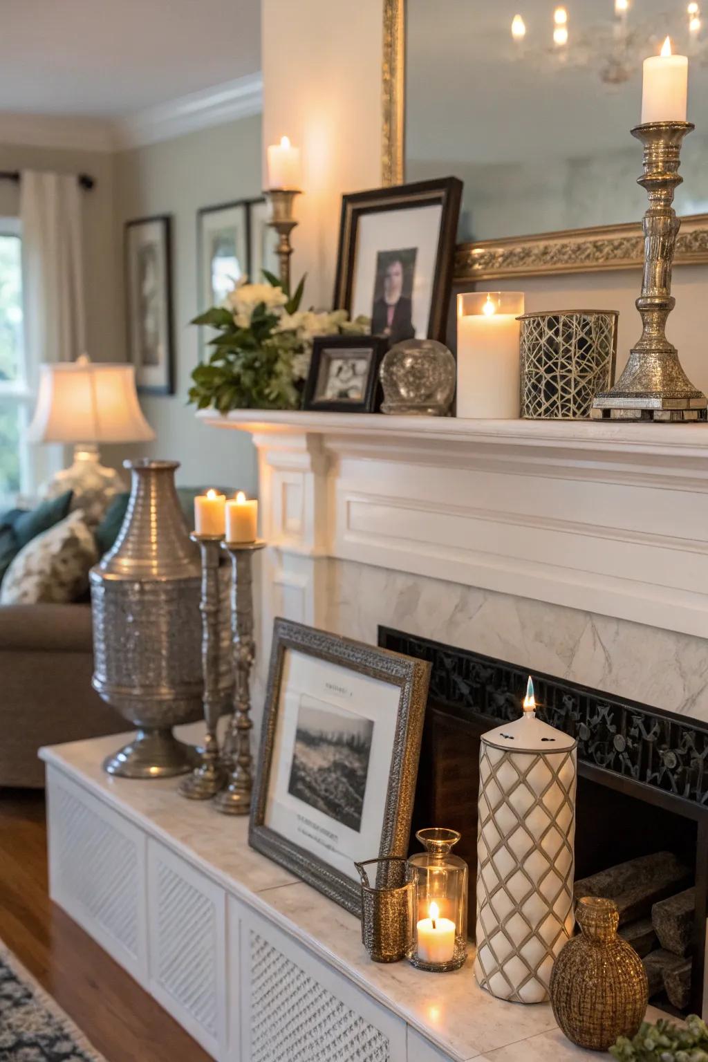 An eclectic mantel display that surprises with its varied styles.