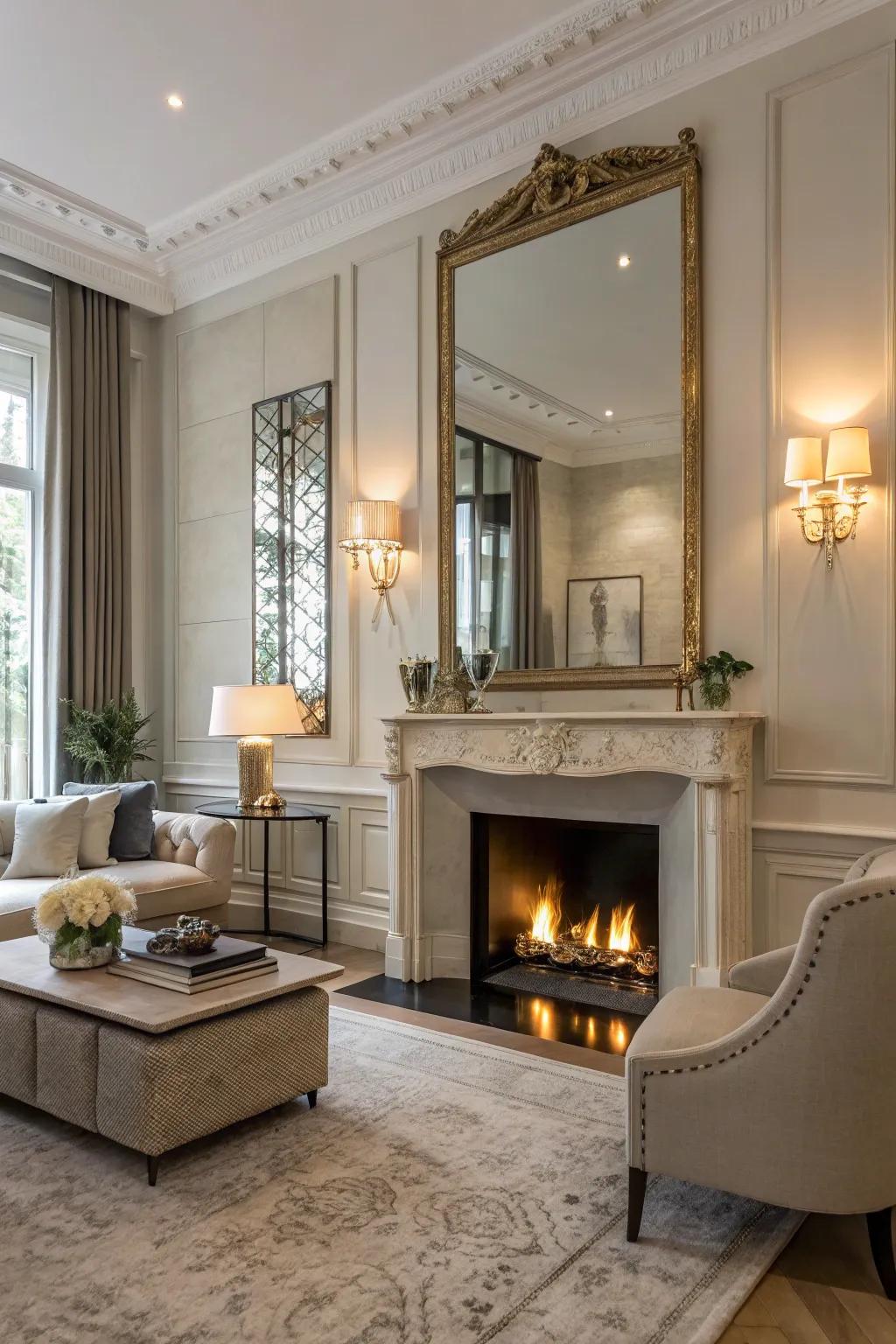Reflections inject dimension and light into your fireplace setting.
