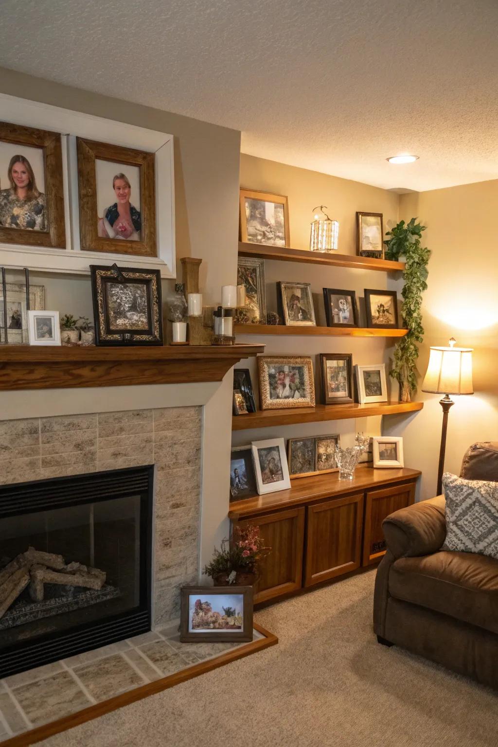 A personal exhibit with family photos adds warmth.