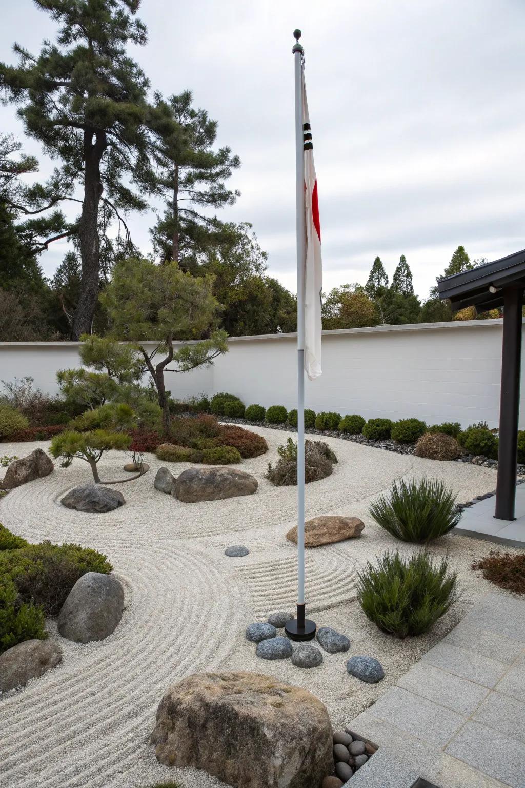 A Zen garden offers a tranquil space around a freedom pole.