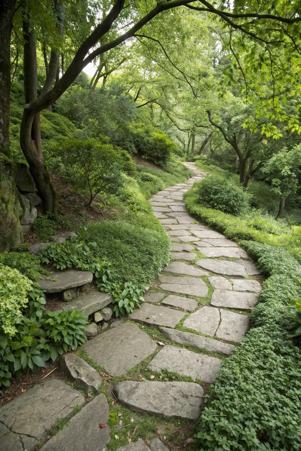 An inherently assimilated sandstone path that complements its surroundings.