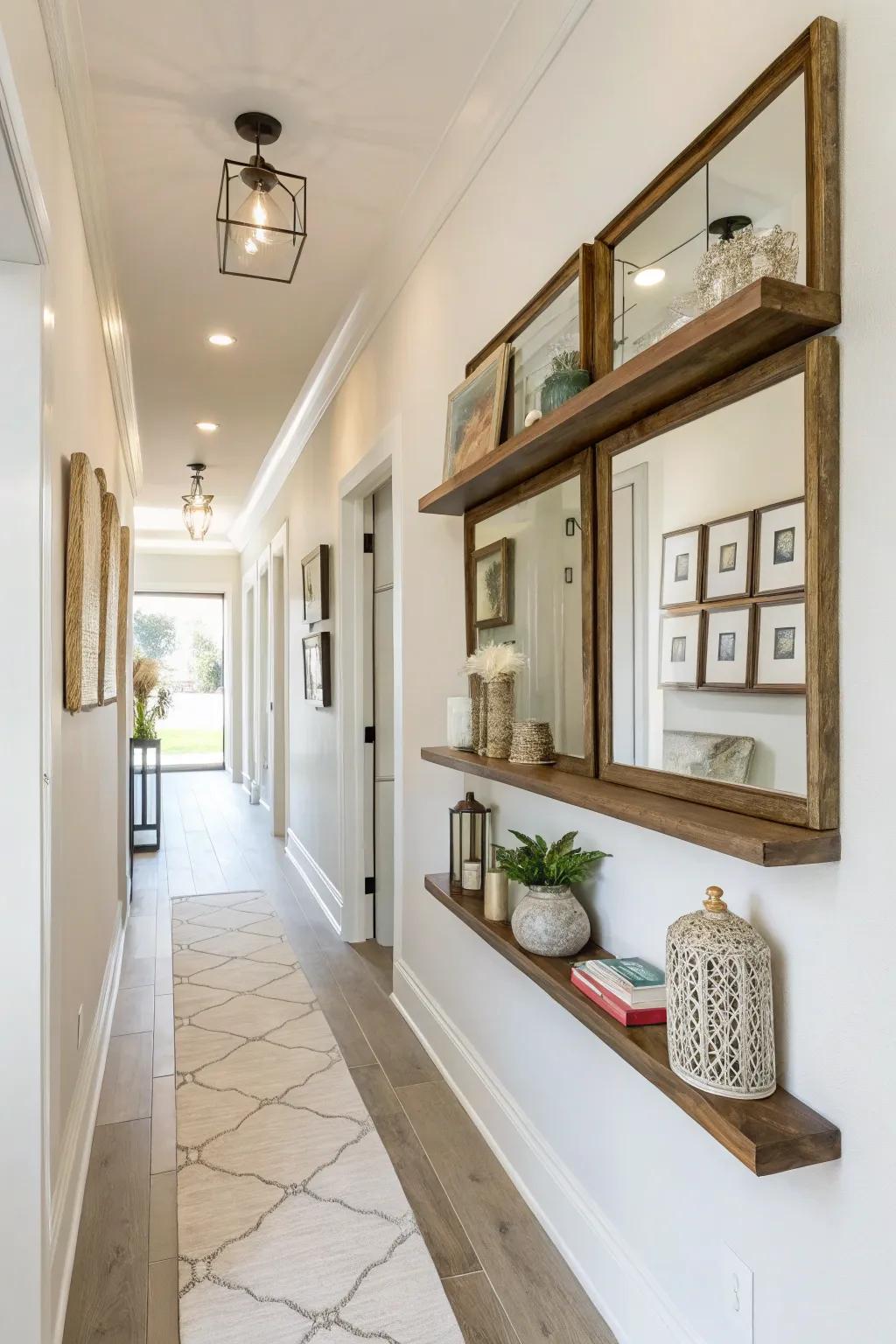 Enhance your passageway with mirrors on floating ledges.