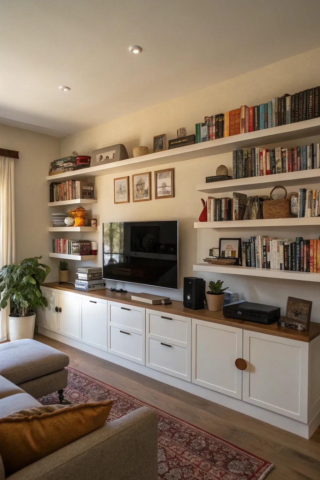 Design a multipurpose zone using books and media.