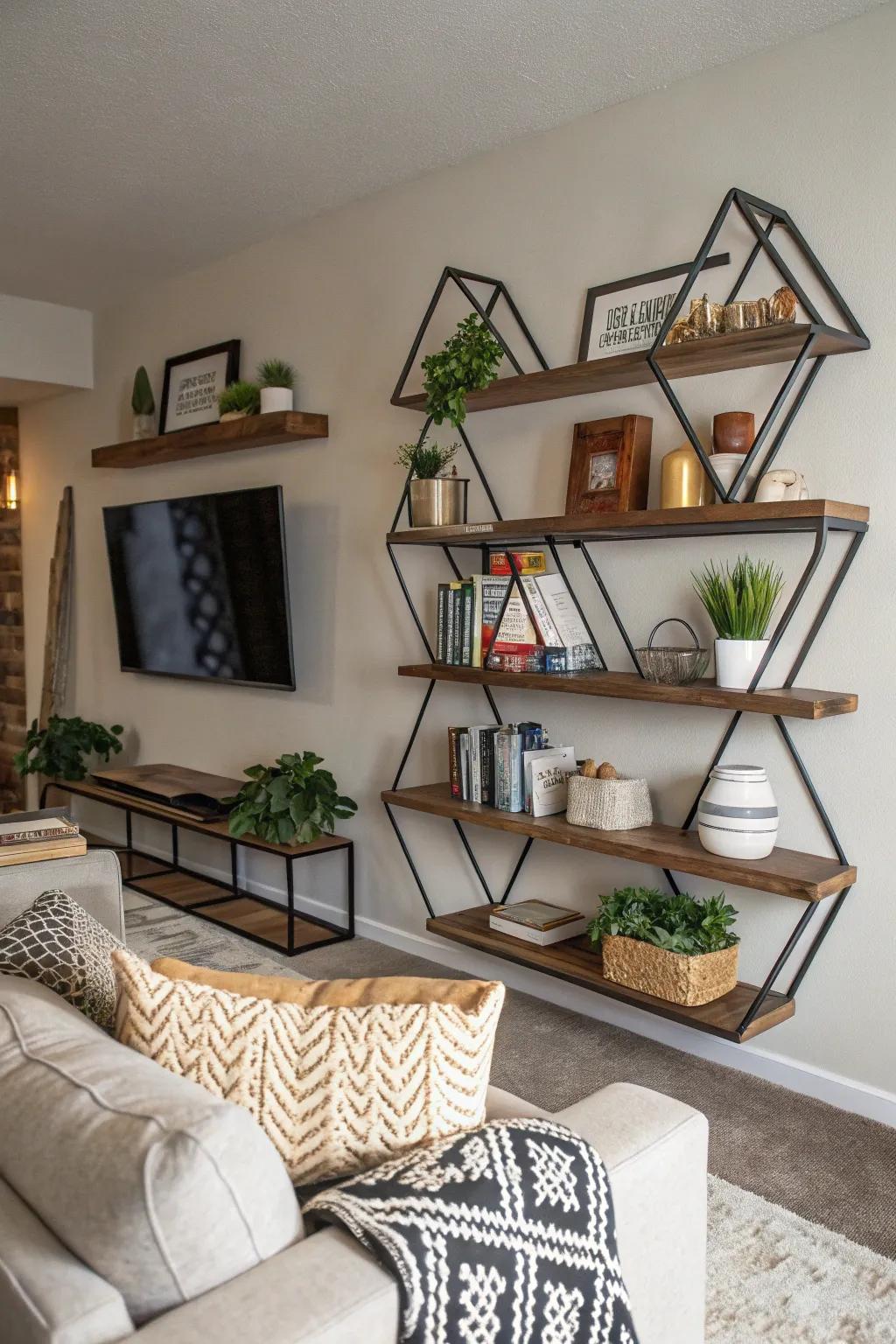 Geometric pattern of floating shelves for visual appeal