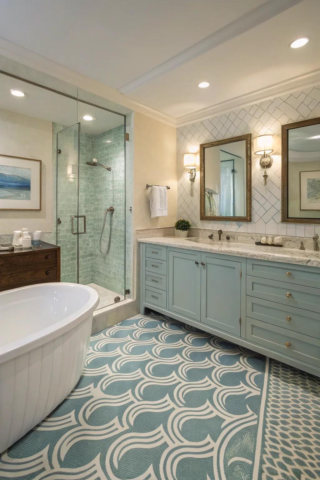 Wave patterns contribute a calming flow to washroom floors.